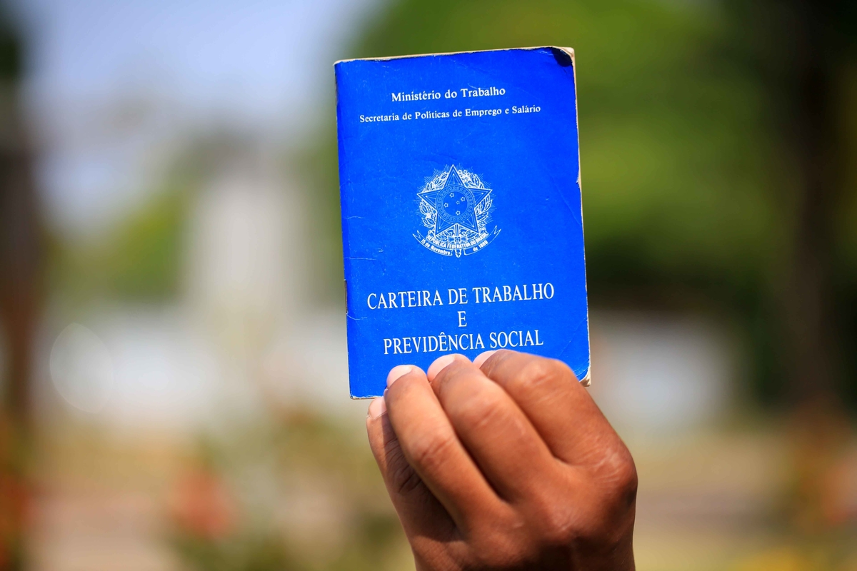 Imagem colorida de uma mão segurando uma carteira de trabalho - Metrópoles