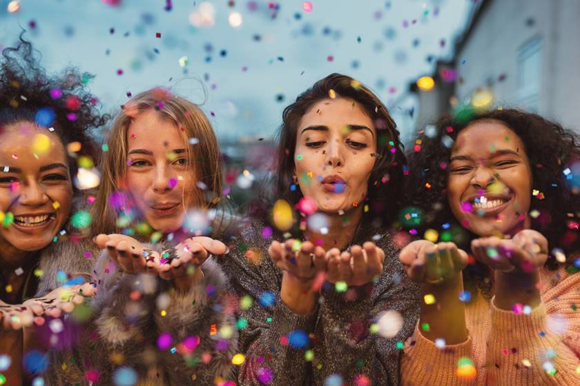 Imagem de quatro mulheres soprando confete para a câmera - Metrópoles