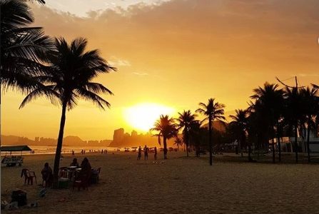 Pôr do sol em uma praia, com árvores na frente
