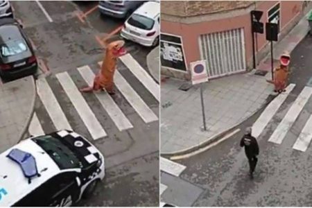 homem quebra isolamento fantasiado de dinossauro