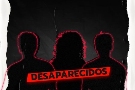 Imagem preta e vermelha com silhueta de desaparecidos