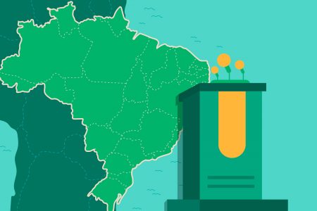ilustração de um púlpito na frente do mapa do Brasil