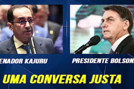 Imagem do senador Jorge Kajuru e do presidente Jair Bolsonaro com legenda 'uma conversa justa