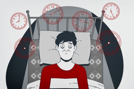 Ilustração apresenta homem que não consegue dormir