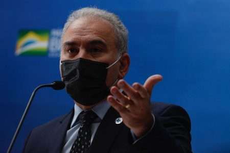 Ministro Marcelo Queiroga fala da suspensao da vacina contra Covid da empresa Pfizer para adolescentes, em coletiva de imprensa no Ministério da Saúde