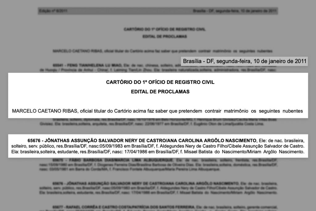 Edital de Proclamas publicado em janeiro de 2011 atesta matrimônio entre Jônathas Assunção e Ana Carolina Argôlo