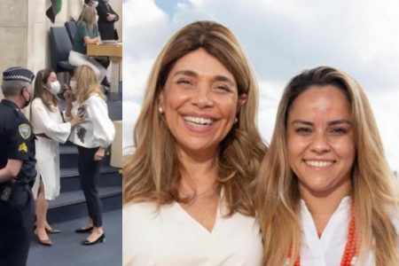 imagem colorida mostra montagem com imagem de Janaina Lima e Cris Monteiro em pé, brigando, enquanto foto ao lado mostram as duas olhando para a frente, sorrindo - Metrópoles