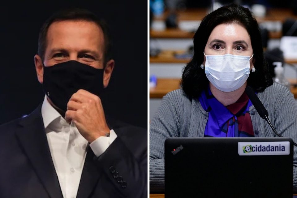Montagem com fotos do governador João Doria e da senadora Simone Tebet
