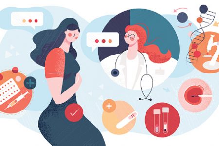 arte com mulher em consultório médico sobre congelamento de óvulos