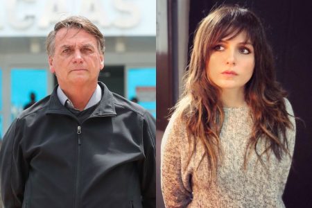 Em duas fotos separadas, aparecem de frente Bolsonaro e Monica Iozzi. Ele usa jaqueta preta e ela, de cabelo longo e castanho, está de suéter bege - Metrópoles