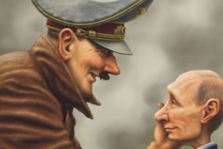 Perfil da Ucrânia no Twitter posta desenho relacionando Hitler a Putin. Em desenho, o líder nazista acaricia o rosto de Putin, em menor escala - Metrópoles