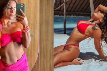 Montagem de duas fotos de mulher morena usando biquíni vermelho