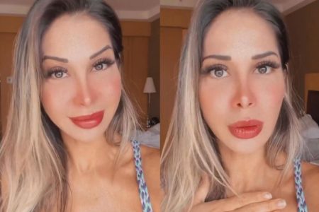 Montagem de duas fotos coloridas mostra Maíra Carid, esposa de Arthur aguiar, falando para seus seguidores em seus stories