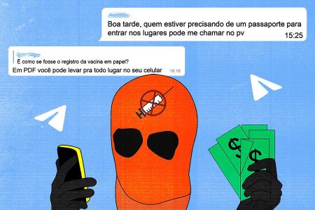 Arte mostra mensagens de comprador e vendedor de certificados falsos de vacina. Abaixo, uma pessoa de máscara com desenho anti-vacina e nas mãos, um celular e notas de dinheiro. No fundo azul, símbolos do Telegram - Metrópoles