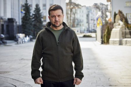O presidente da Ucrânia Volodymyr Zelenskyy durante seu discurso regular à nação, Kiev, capital da Ucrânia