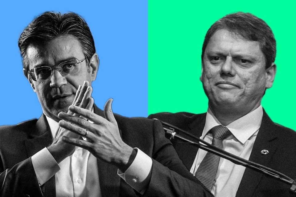 Montagem com fotos de Rodrigo Garcia e Tarcio de Freitas sob um fundo colorido