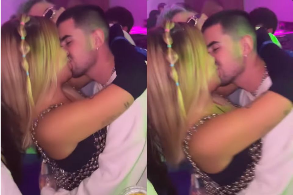 O frame colorido mostra Viih Tube e Bruno Magri se beijando