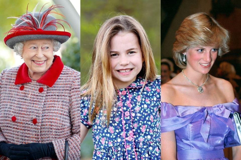 Foto colorida. Montagem com fotos da rainha Elizabeth, princesa Charlotte e princesa Diana