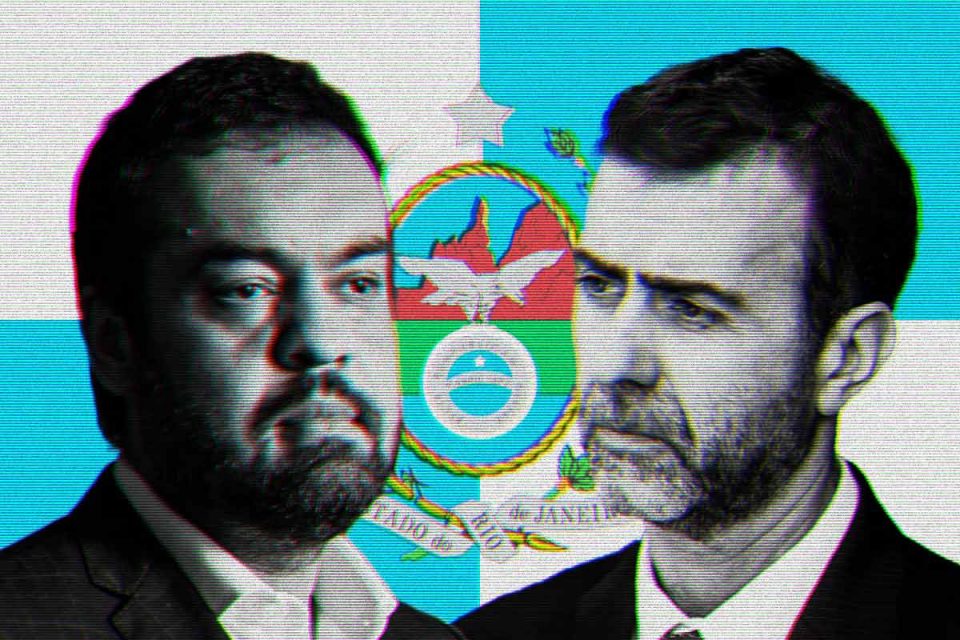 Arte mostra as fotos do atual govrnador do Rio de Janeiro, Claudio Castro, e o psolista Marcelo Freixo frente a frente, com a bandeira do estado atrás - Metrópoles