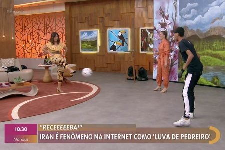 Fátima Bernardes joga futebol com Ana Thaís Matos e Iran Ferreira, o Luva de Pedreiro
