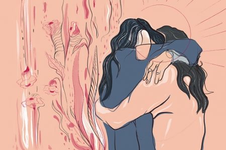 Ilustração em tons de rosa de momento de luto