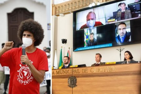 montagem com duas fotos: uma do vereador Renato Freitas discursando e outra da Câmara de Curitiba