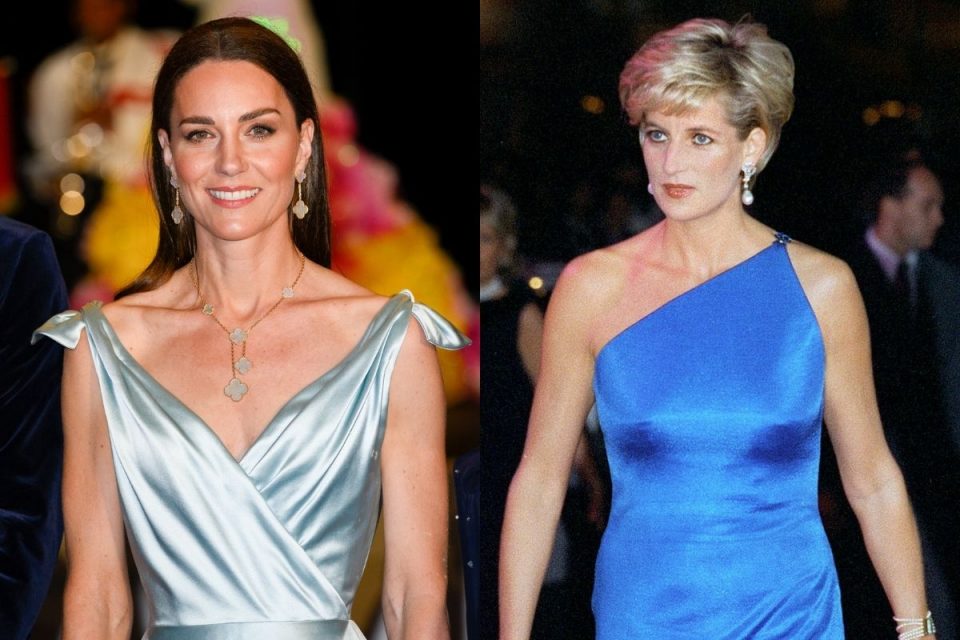 Foto colorida. Montagem com fotos de Kate Middleton e da princesa Diana