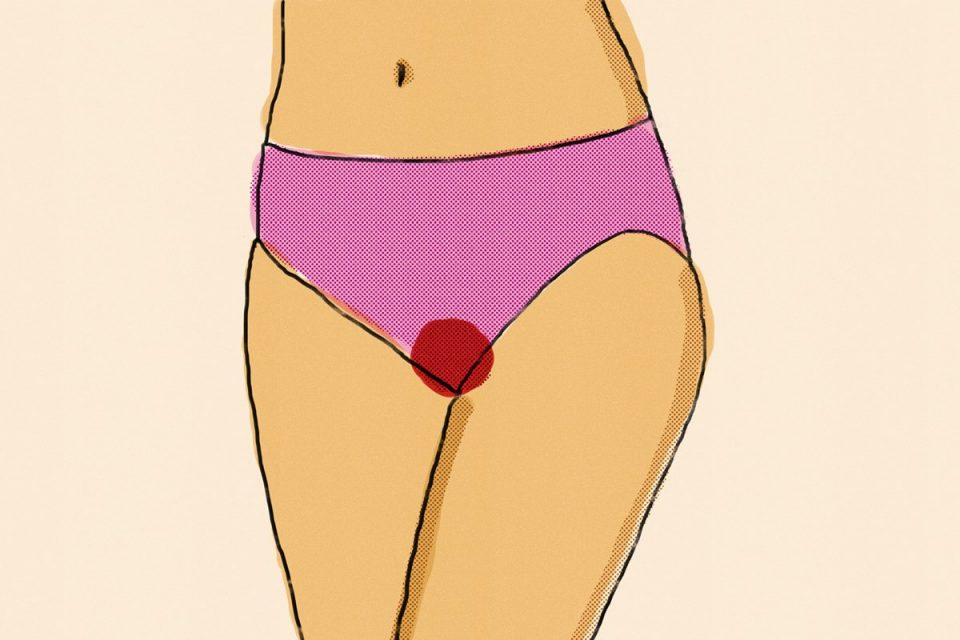 Ilustração de pessoa menstruando usando calcinha rosa - Metrópoles