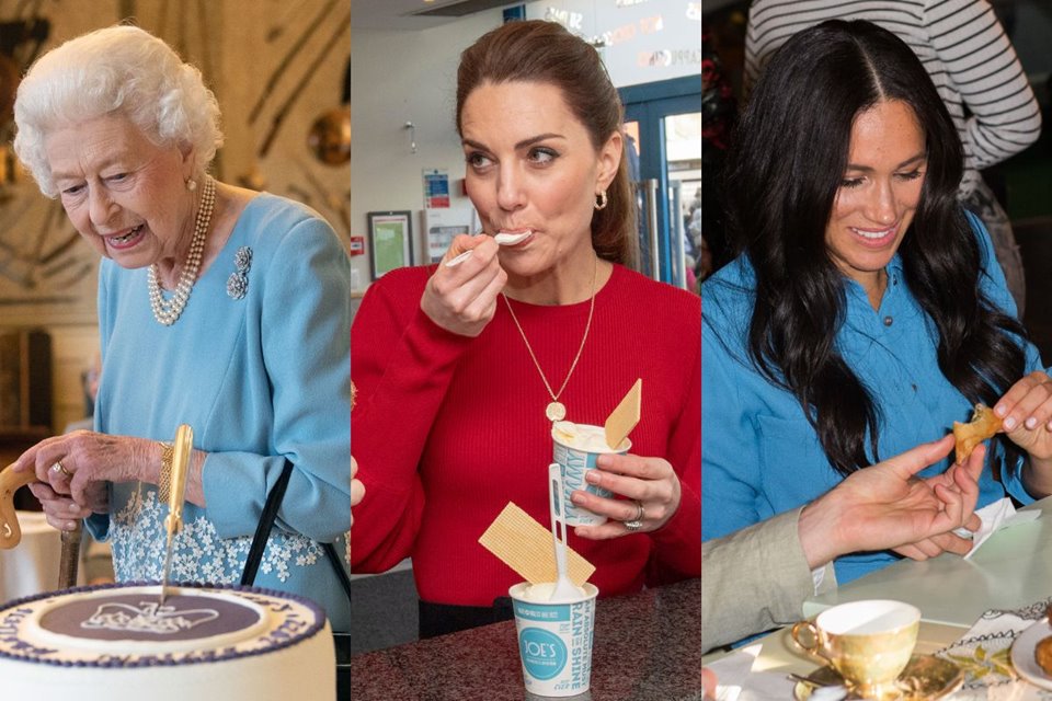 Foto colorida. Montagem de fotos da rainha Elizabeth, Kate Middleton e Meghan Markle