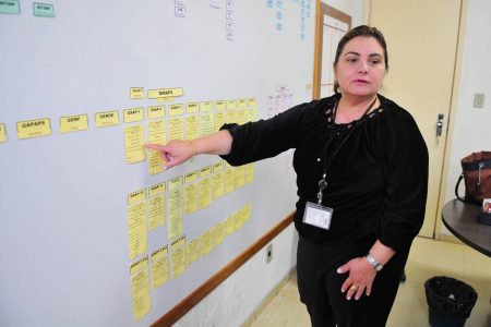 uma mulher de preto apontando para um quadro branco