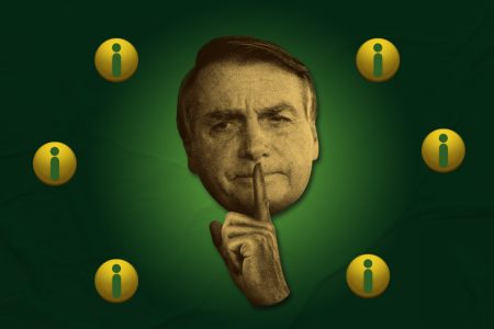 Montagem com rosto do presidente Bolsonaro e uma mão fazendo sinal de silêncio sob fundo verde e símbolos da "Lei de Acesso à Informação" espalhados - Metrópoles