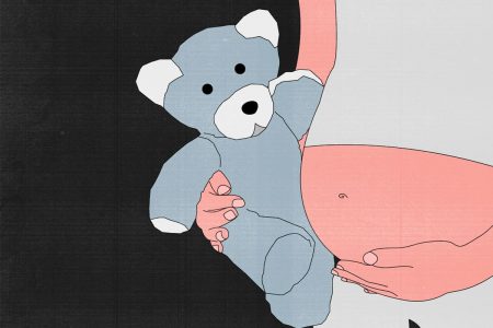 ilustração de menina grávida segurando ursinho