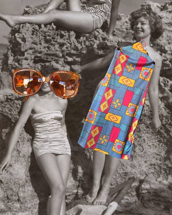 óculos marro e vestido estampado em colagem