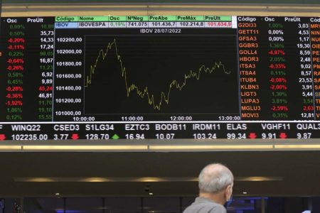 Pessoas observam o telão da Bolsa de Valores, a B3, na Rua XV de Novembro, região central de São Paulo 1