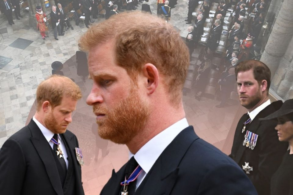 Montagem com fotos do príncipe Harry durante funeral de sua avó, a rainha Elizabeth II - Metrópoles