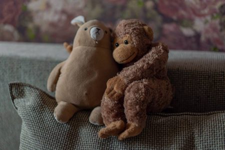 Foto colorida de dois bichos de pelúcia abraçados