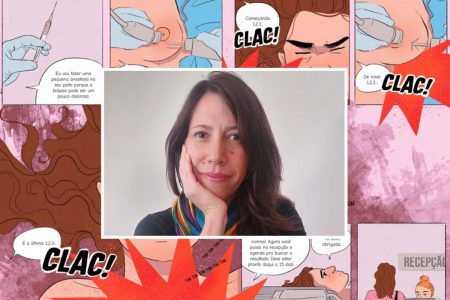 Pesquisadora Dulce Ferraz em foto; ao fundo, imagens do seu HQ sobre câncer de mama - Metrópoles