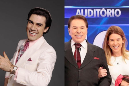 Mariano Mattos Martins como Silvio Santos em O Rei da TV; à direita, Silvio Santos e a filha "número 3", Daniela Beyruti