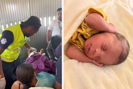 Montagem com duas fotos mostra uma mulher deitada em uma maca sendo atendida por médico e na outra um bebê recém-nascido