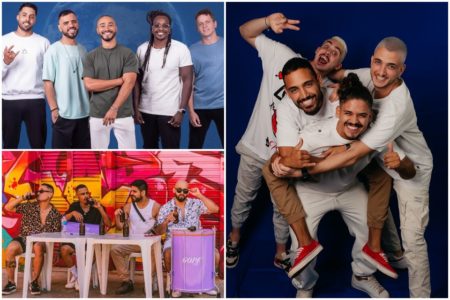 Montagem com três fotos de grupos de pagode de Brasília: Mesô, Vulgo Pagodin e Doze por Oito - Metrópoles
