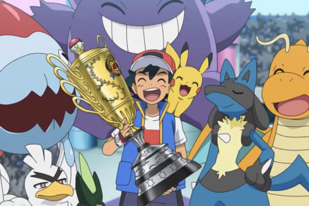 Ash Ketchum ergue o troféu de campeão mundial do Torneio Pokémon - Metrópoles