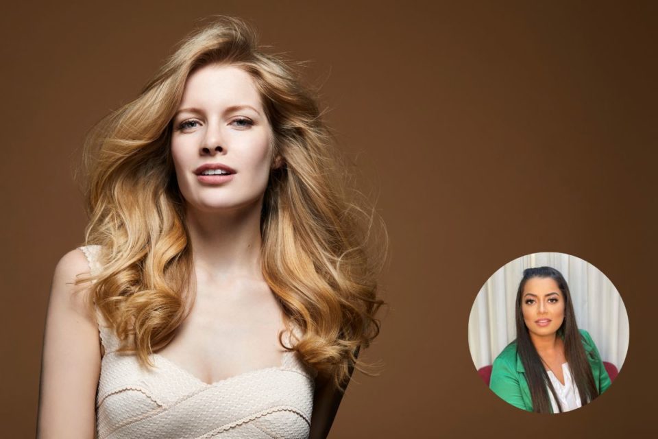 Mulher branca com cabelos loiros esvoaçados. Atrás tem um fundo marrom. No canto direito tem uma foto em círculo da especialista - Metrópoles