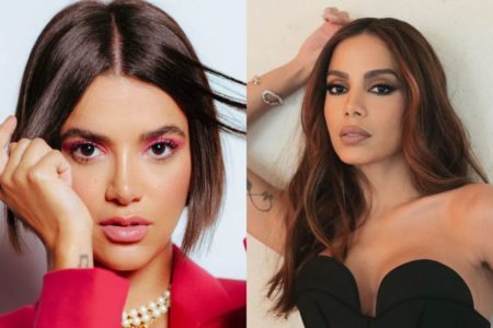 Anitta vestindo preto e Manu Gavassi de vermelhoem tela dividida