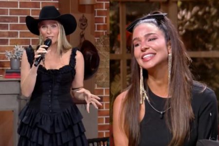 montagem com uma foto de Adriane Galisteu de preto e chapéu de cauboi falando em microfone e outra de Kerline, de preto e sorrindo - metrópoles