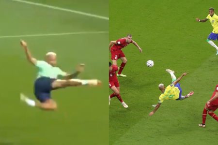Richarlison marcou gol de voleio nos treinos e também na estreia da Seleção Brasileira no Catar - Metrópoles