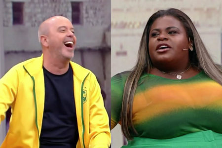 À esquerda, Alex Escobar, com agasalho da seleção brasileira; sorri para Jojo Todynho; à direita, Jojo, com roupa verde e amarela, fala no programa Central da Copa - Metrópoles