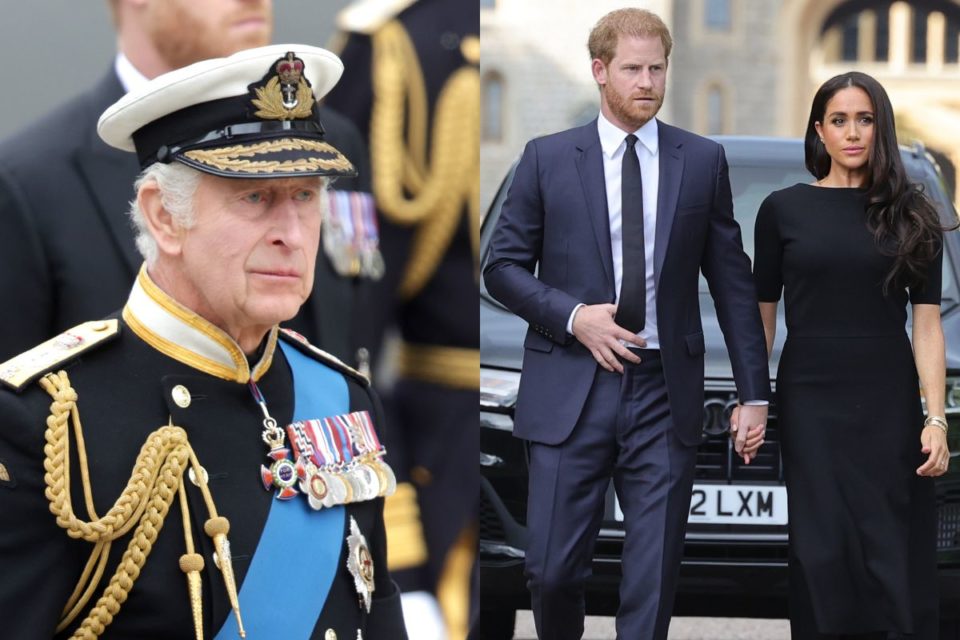Montagem com foto de Rei Charles e do casal Meghan e Harry