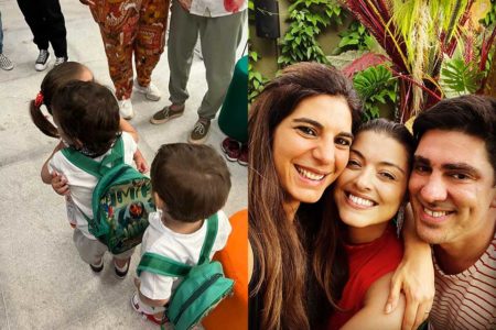 À esquerda, João e Pedro, gêmeos de Andréia Sadi, abraçam, Alice, filha de Marcelo Adnet; à direita, Andréia Sadi posa com Patrícia Cardoso e Marcelo Adnet - Metrópoles