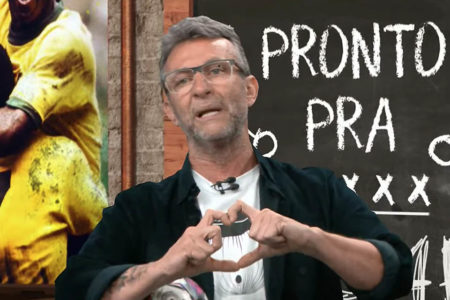 Neto faz coraçãozinho para a câmera no programa Os Donos da Bola - Metrópoles