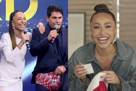 À esquerda, Sabrina Sato presenteia Cesar Filho com sunga no Família Record; à direita, Sabrina Sato sorteia amigo secreto no Fantástico - Metrópoles